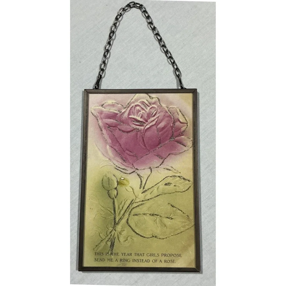 Antique‎ 1910 Rose Postcard Framed Glass Hanging Display Franklin Stamp